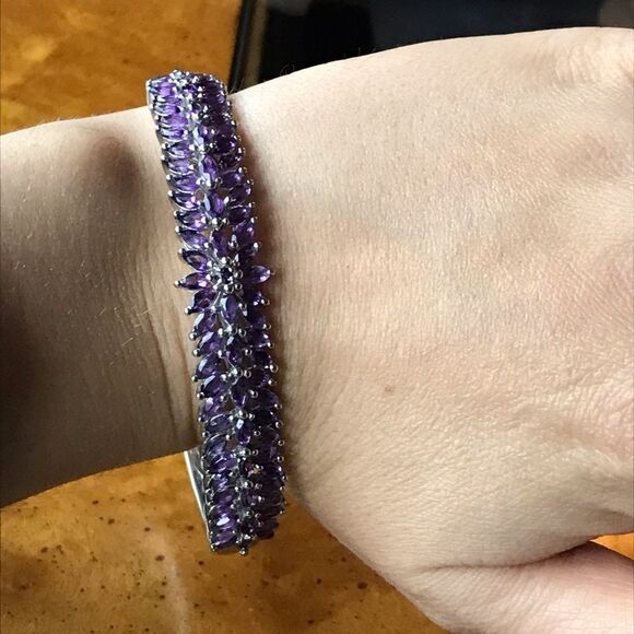 Natural African Amethyst Sterling Silver Bangle Bracelet - Picture 2 of 11